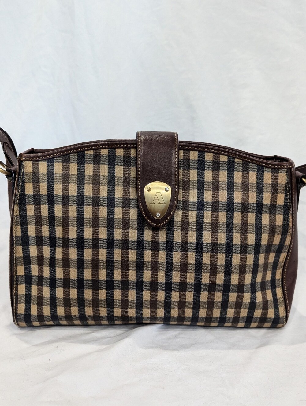 Vintage Aquascutum House Check Crossbody Bag Brown Plaid Canvas Leather
